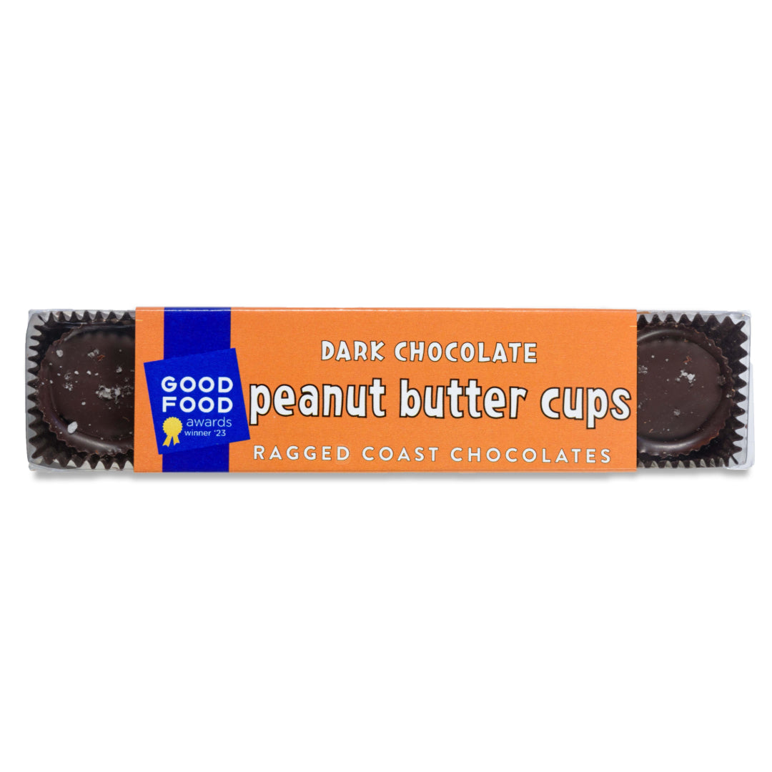 A package of Ragged Coast Chocolates Dark Chocolate Peanut Butter Cups with a Good Food Awards seal.