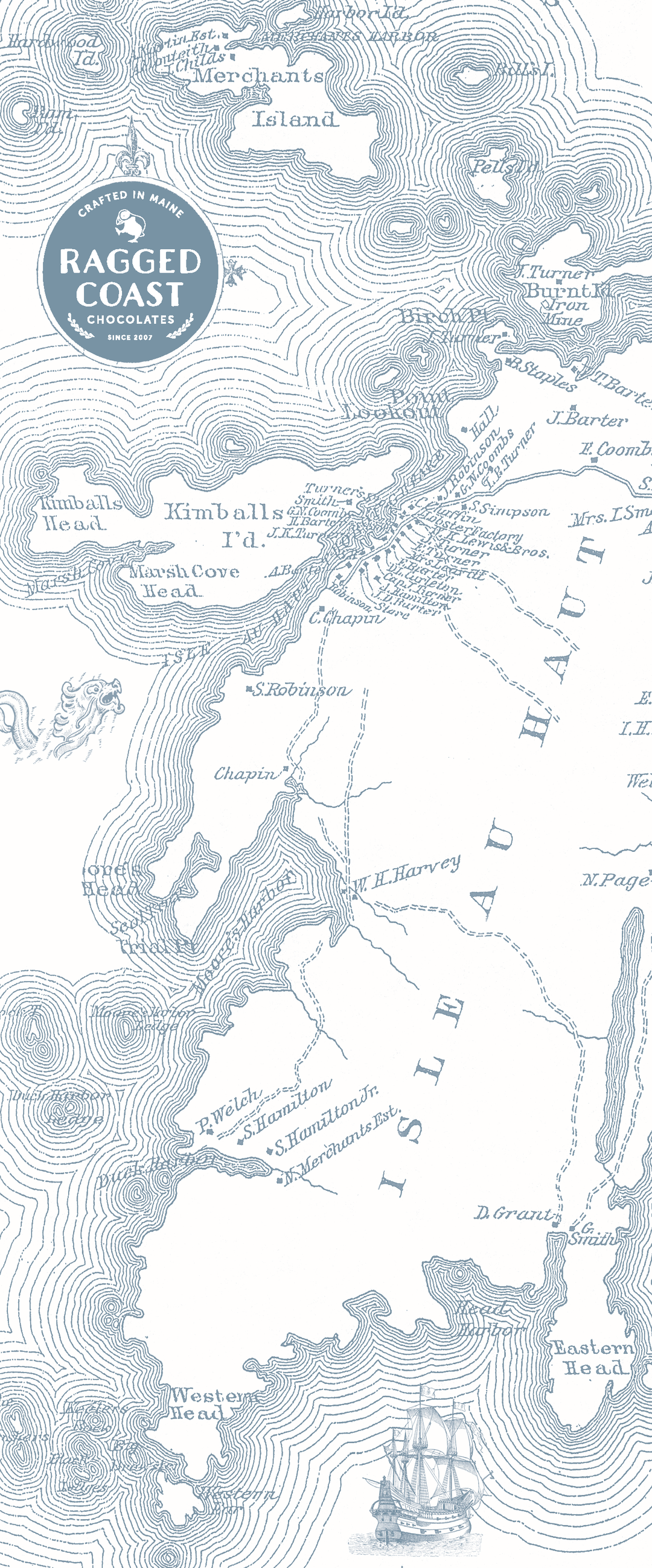 Illustrated nautical 1882 map featuring the ragged coast of Isle au Haut with topographical details, compass rose, and a sailing ship on a Customized Scroll by Ragged Coast Chocolates.