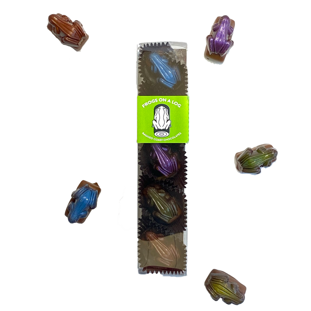 Dark chocolate frogs packaged as 'Frogs On A Log' surrounded by loose dark chocolate frog candies infused with Maine Maple-Smoked Sea Salt from Ragged Coast Chocolates.