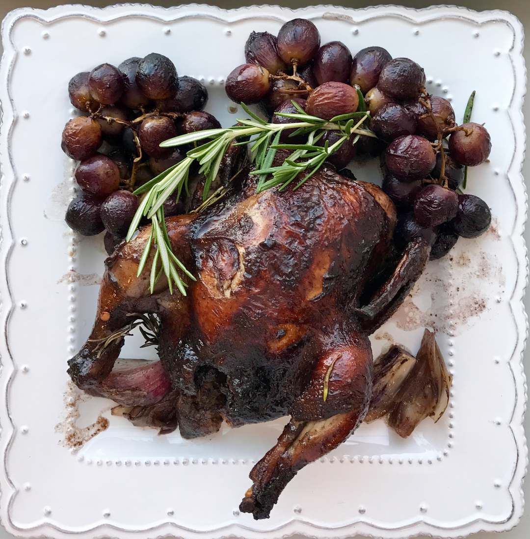 Cocoa-Rubbed Game Hens with Shallots and Roasted Grapes