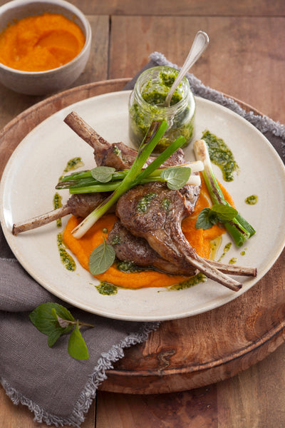 Pan-Roasted Lamb Chops with Mint Pesto and Carrot Puree