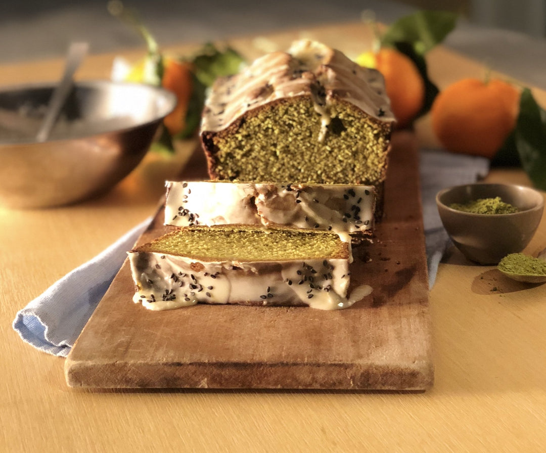 Recipe: Matcha-White Chocolate Pound Cake with Tangerine-Black Sesame Seed Glaze | raggedcoastchocolates