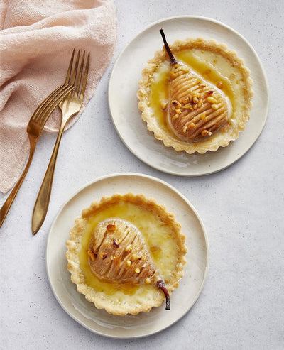 White Chocolate Custard Tarts with Honey & Thyme Roasted Pears