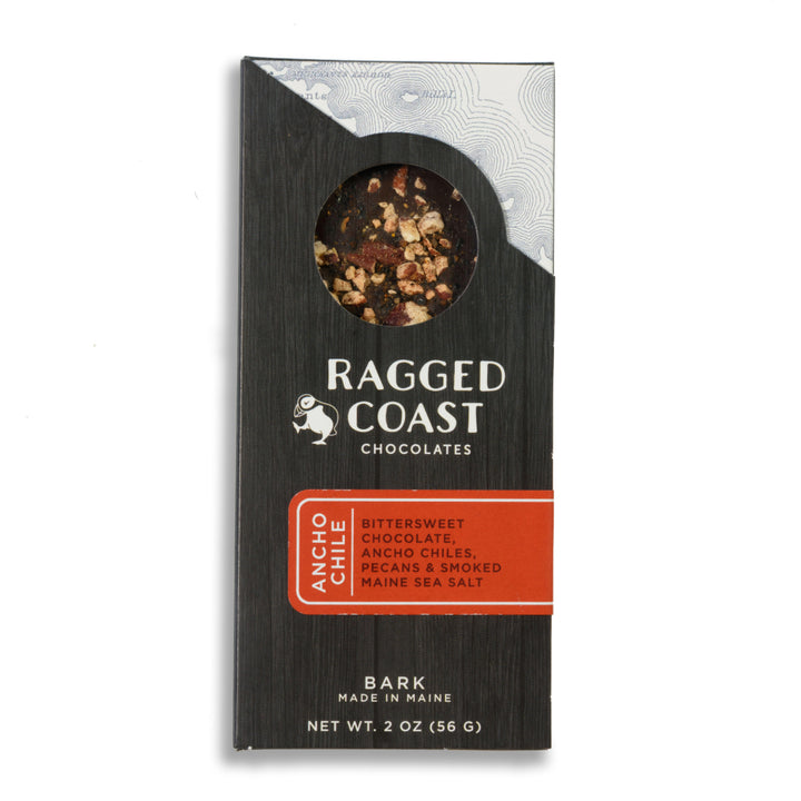 Ragged Coast Chocolates packaging featuring Dark Chocolate Ancho Chile and Roasted Pecan Bark with Maine sea salt and pecans.
