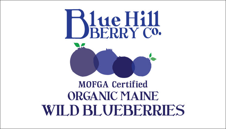 Logo of blue hill berry co. featuring text with the company name and three blueberries, indicating mofga certified organic maine wild blueberries.