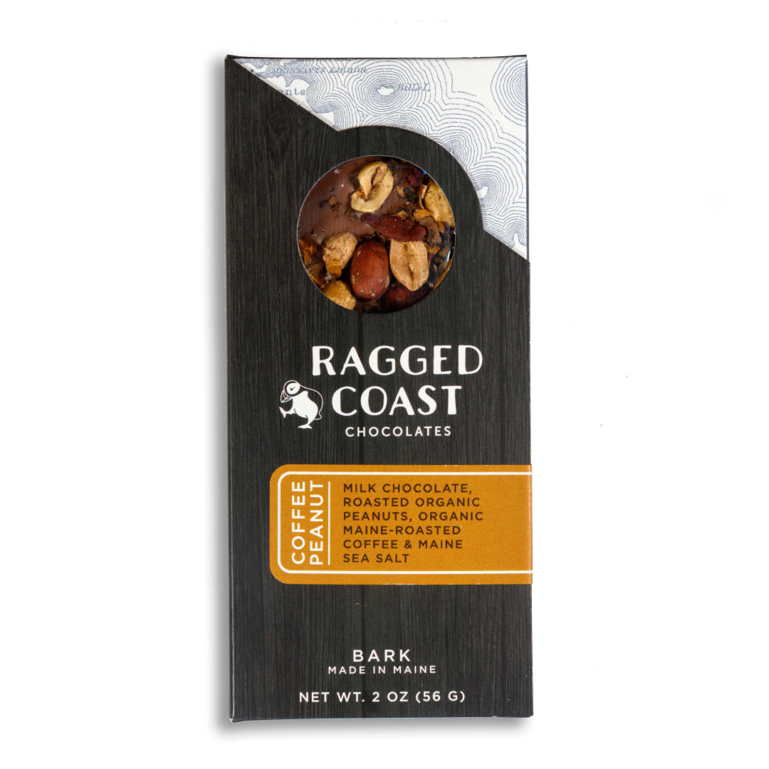 A package of Ragged Coast Chocolates gluten-free Chocolate Coffee Peanut Bark with organic peanuts and Maine sea salt.