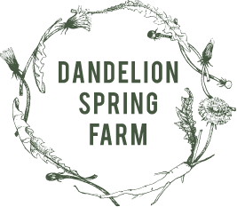 Vintage-style emblem for "dandelion spring farm" enclosed by a wreath of farm-related illustrations.