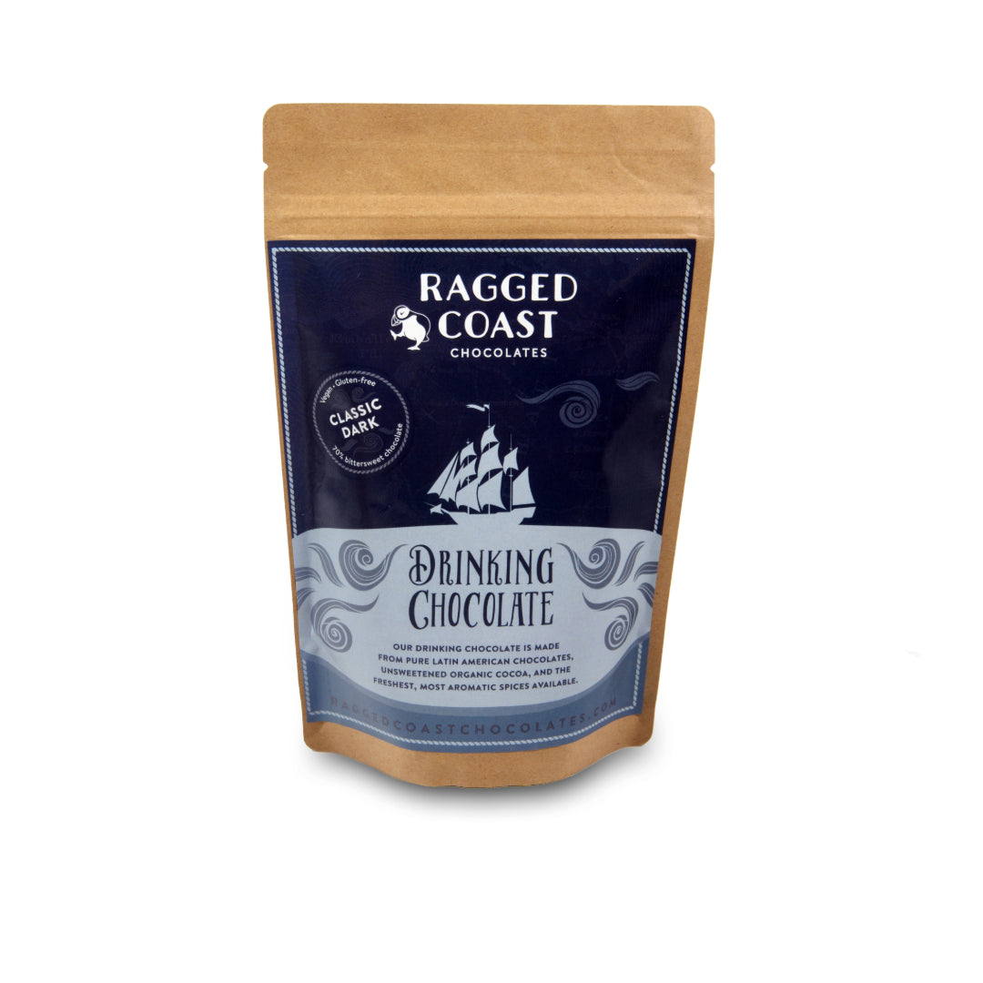 A package of Ragged Coast Chocolates' Classic Dark Drinking Chocolate made from direct-trade dark chocolate on a white background.