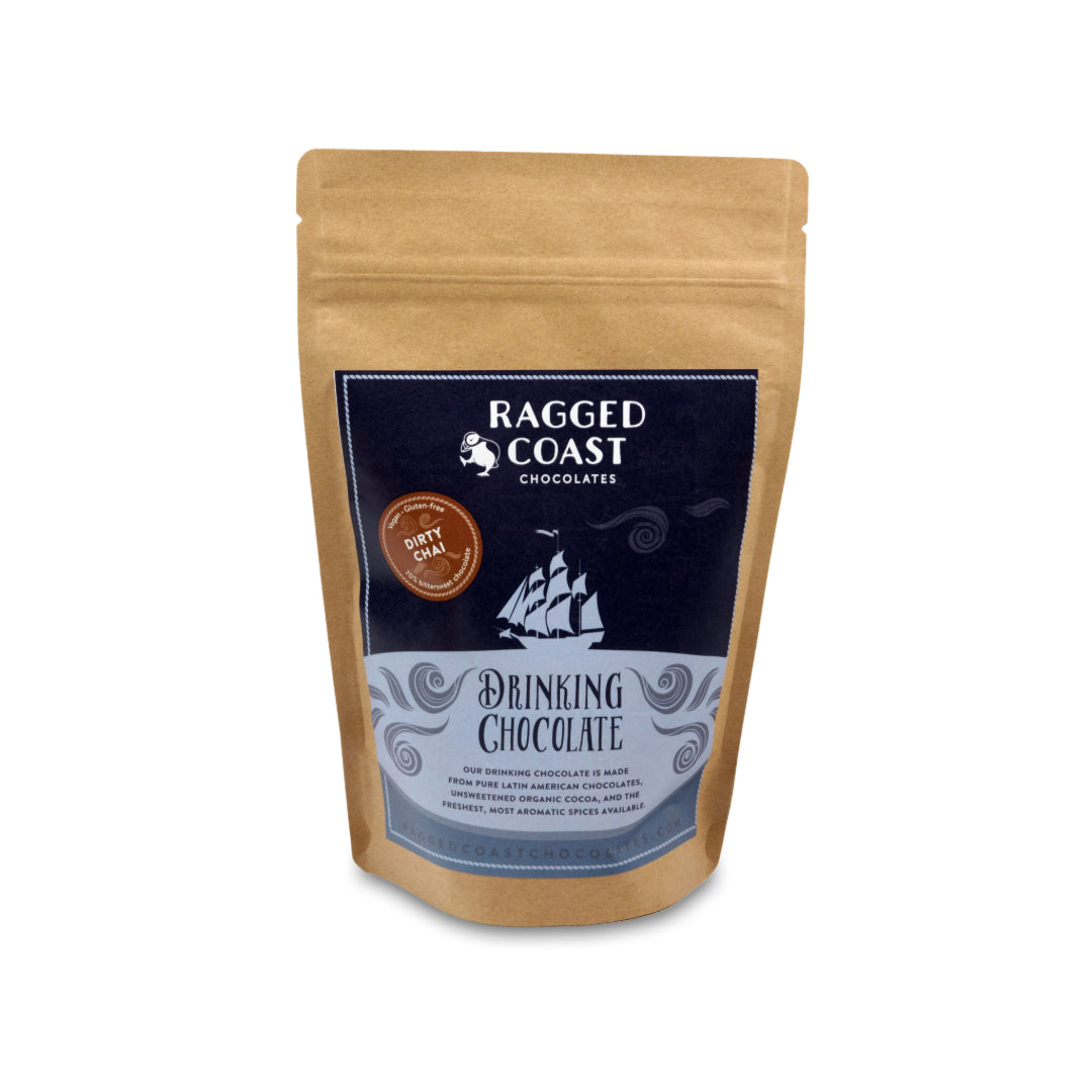 A pouch of Ragged Coast Chocolates' Dirty Chai Drinking Chocolate on a white background.