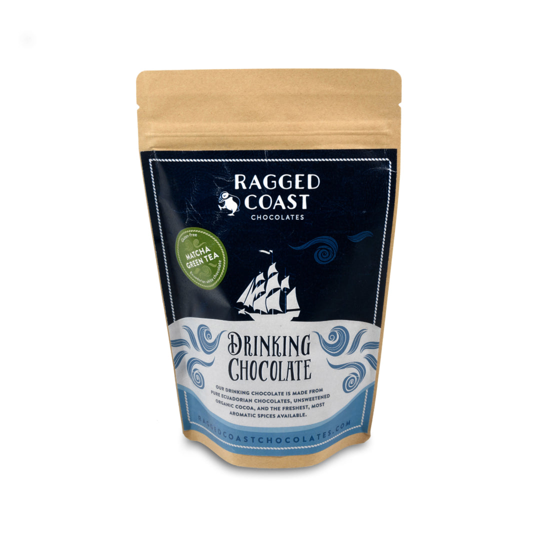 A pouch of Matcha Green Tea White Chocolate drinking chocolate from Ragged Coast Chocolates with nautical-themed packaging.