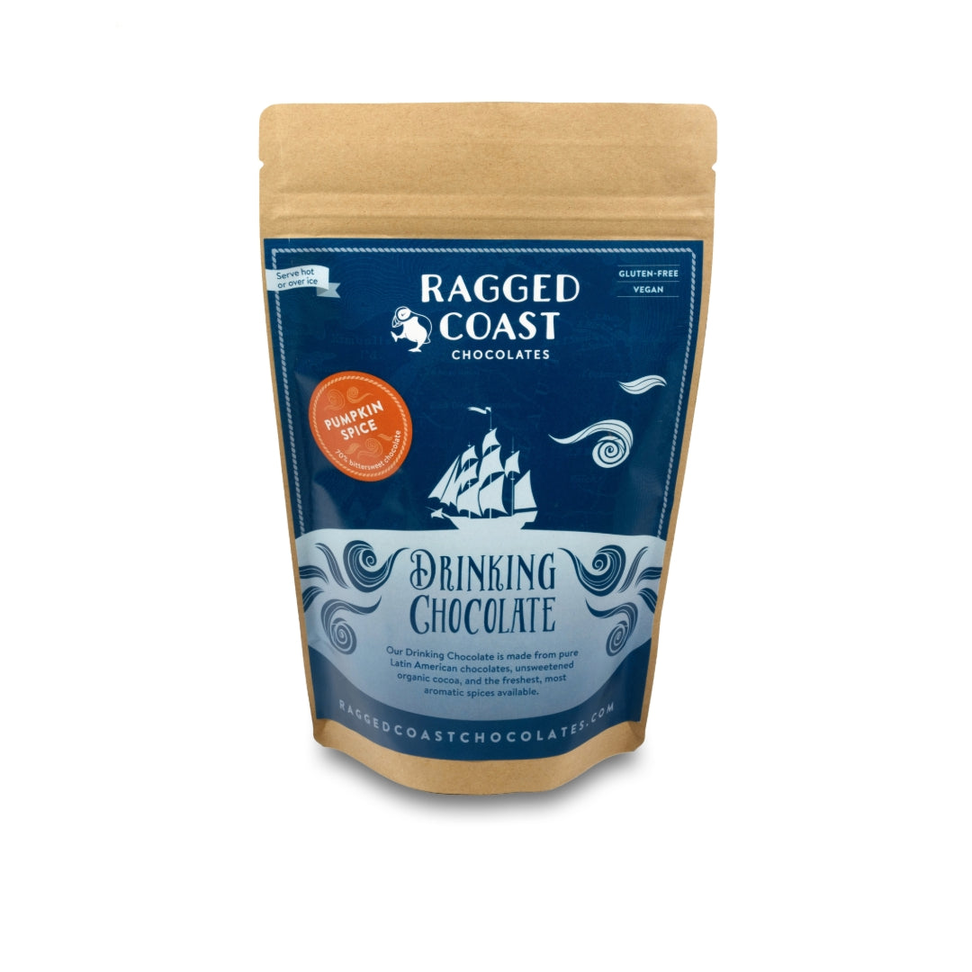 A package of Ragged Coast Chocolates Pumpkin Spice Dark Drinking Chocolate made with direct-trade dark chocolate on a white background.