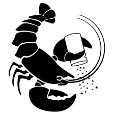 Black and white graphic of a lobster holding a beer mug with bubbles.