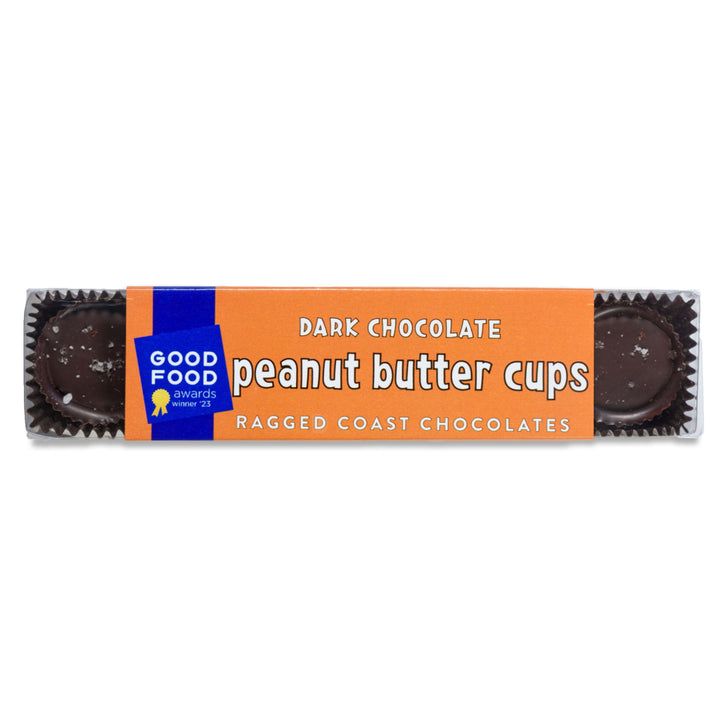 A package of Ragged Coast Chocolates Dark Chocolate Peanut Butter Cups with a Good Food Awards seal.