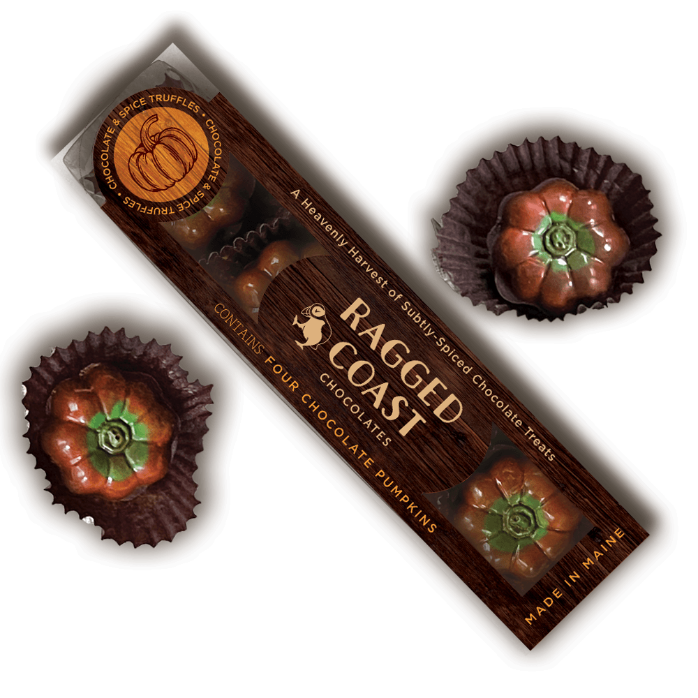 Ragged Coast chocolate pumpkins packaging with two pumpkins displayed in front