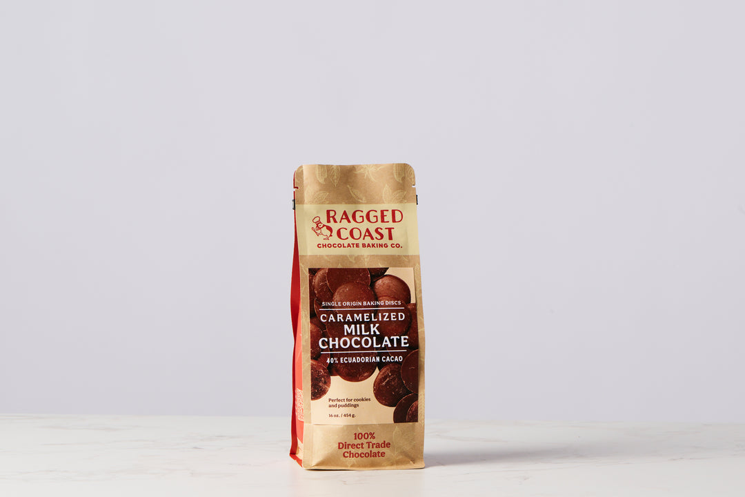A pack of Ragged Coast Chocolates Direct Trade Ecuadorian 40% Caramelized Milk Chocolate standing against a white background.