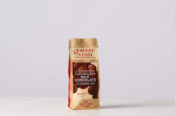 A pack of Ragged Coast Chocolates Direct Trade Ecuadorian 40% Caramelized Milk Chocolate standing against a white background.