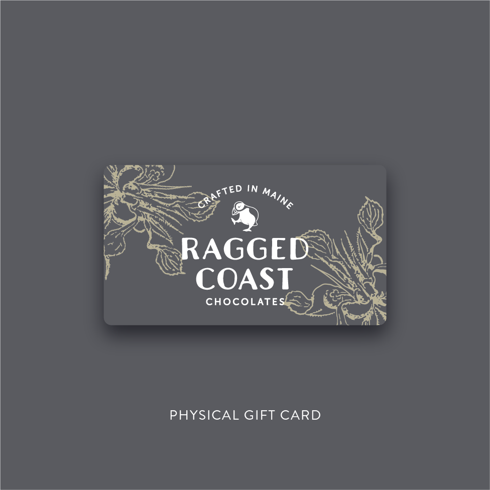 A physical Ragged Coast Chocolates gift card for Subscriber-Only Annual Gift Card Sale, featuring an elegant botanical design.
