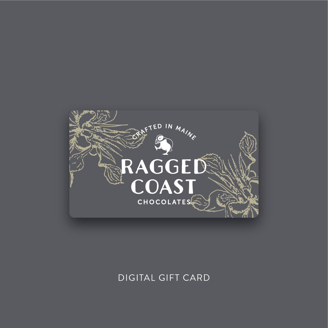 A Ragged Coast Chocolates Digital Gift Card with floral designs, available for use in-store and online.