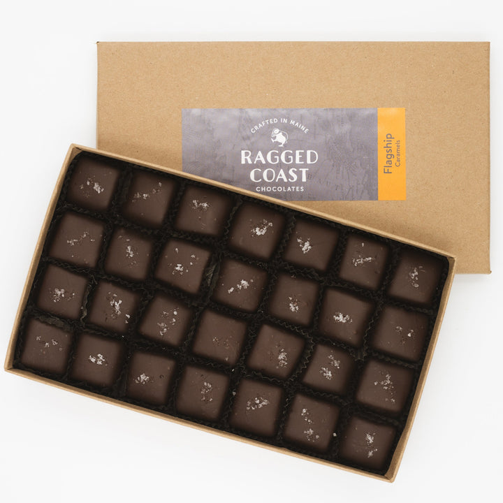 A box of Flagship Sea Salt Caramels by Ragged Coast Chocolates.