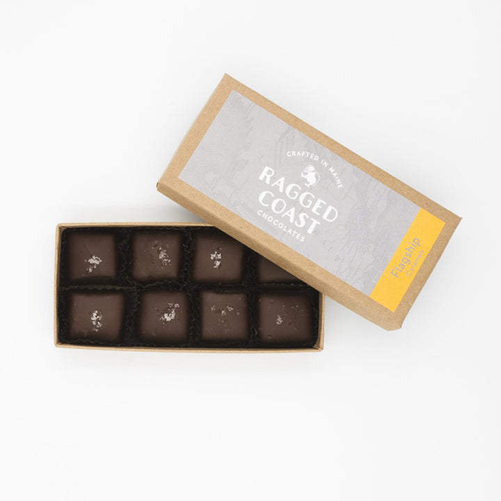 A box of Ragged Coast Chocolates Flagship Sea Salt Caramels on a white background.