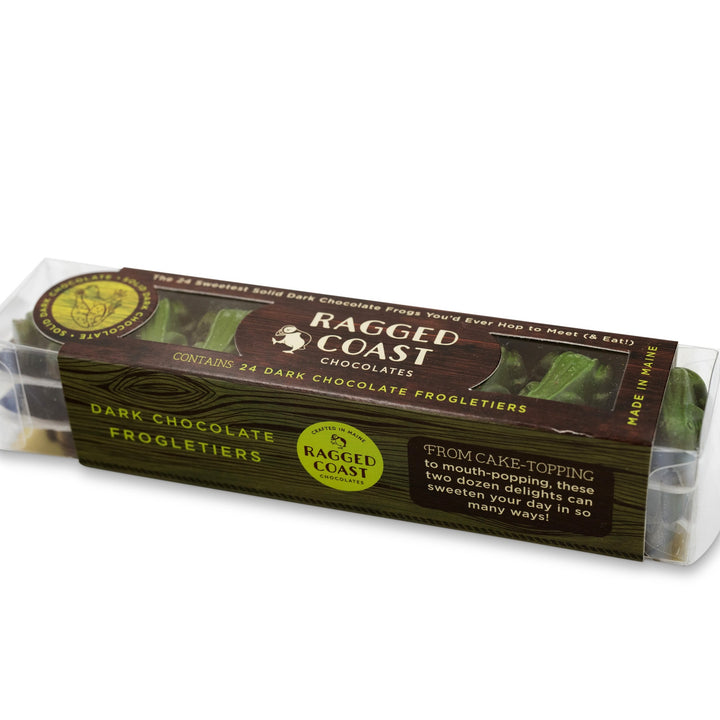 Packaging of gluten-free Ragged Coast Frogletiers - Dark Chocolate Frogs with a clear section revealing the chocolates inside by Ragged Coast Chocolates.