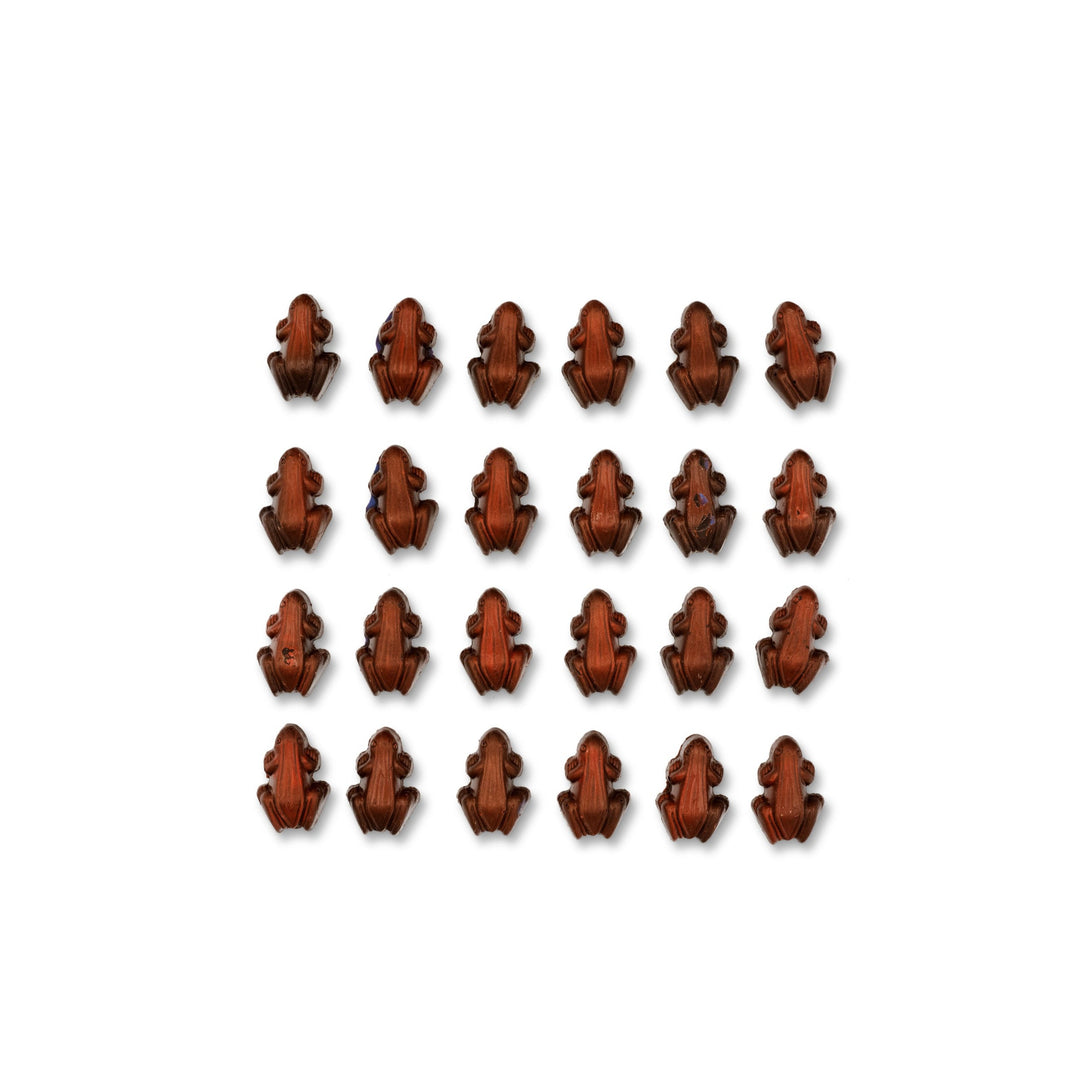 Array of Ragged Coast Frogletiers - Dark Chocolate Frogs arranged in rows on a white background.