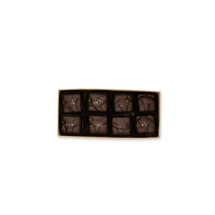Sea Turtle Caramels with one piece bitten off, made of direct-trade Ecuadorian dark chocolate, isolated on a white background.