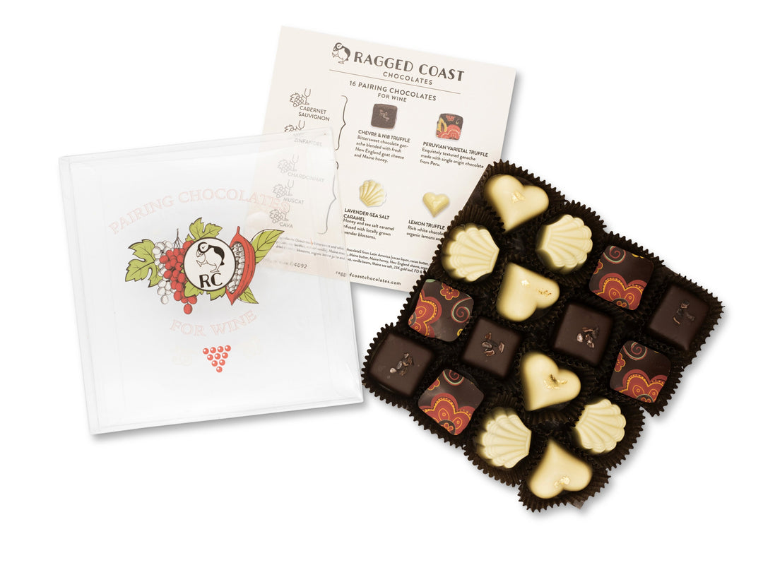 A box of Ragged Coast Chocolates for Wine Pairing with a brochure describing the flavors, including suggested red wine chocolate pairings.