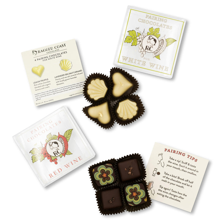 Ragged Coast Chocolates' Chocolates for Wine Pairing gift set with instructional cards and chocolates in heart and floral shapes.