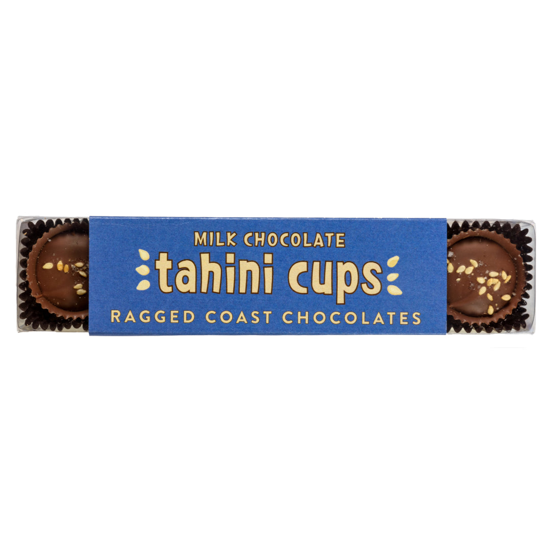 A pack of organic Milk Chocolate Tahini (Sesame Seed Butter) cups by Ragged Coast Chocolates.