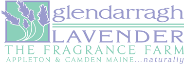 Glendarragh lavender logo with purple and green color scheme featuring lavender plants, representing a fragrance farm located in appleton & camden, maine.