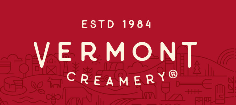 Vermont creamery brand logo with established date and pastoral imagery on a red background.