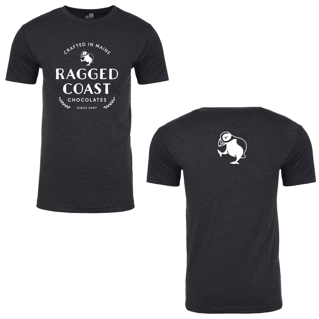 Front and back view of a dark-colored Ragged Coast Chocolates ringspun cotton/polyester jersey Men's T-Shirt with "ragged coast chocolates" logo on the front and a graphic of a puffin on the back.