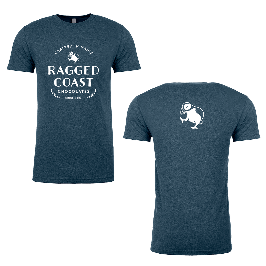 Navy blue men's T-shirt from Ragged Coast Chocolates, super soft with branding on the front and a small logo on the back near the neckline, made from ringspun cotton/polyester jersey.