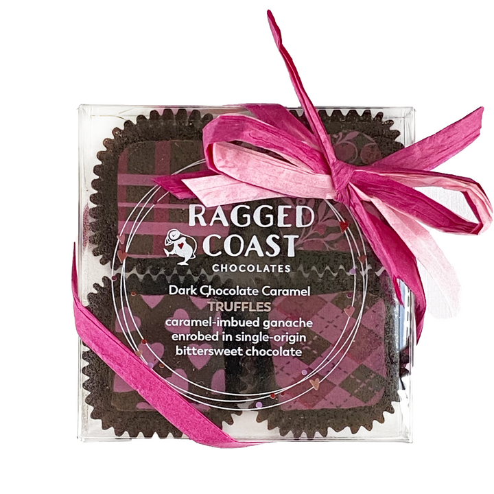 A box of Ragged Coast Chocolates Mother's Day Sampler Gift Box dark chocolate caramel truffles tied with a vibrant pink ribbon, viewed from above, perfect as a Mother's Day gift box.