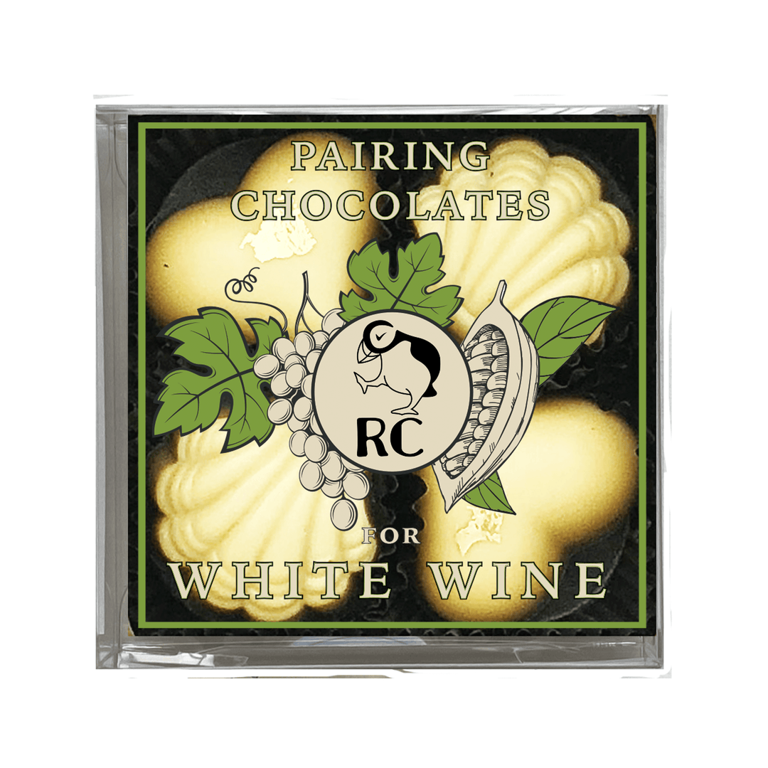 Cd cover featuring a design with grapes, cocoa beans, and leaves, titled "Mother's Day Sampler Gift Box for White Wine," with a monogram "rc" in the center by Ragged Coast Chocolates.