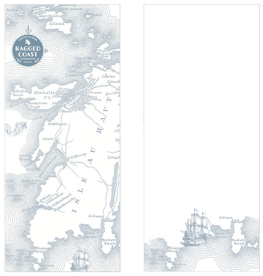 An illustration of a fictional nautical chart with the title "ragged coast" featuring various islands, soundings, and a sailing ship by Ragged Coast Chocolates.